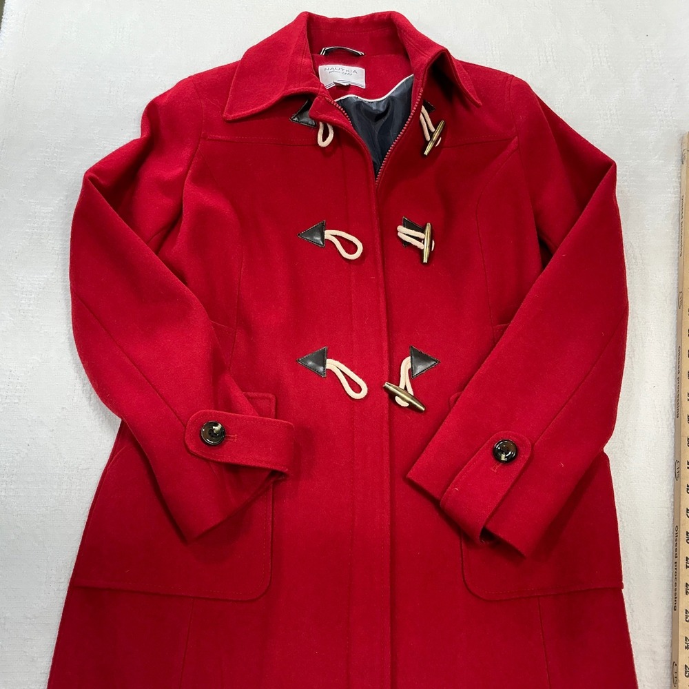 Nautica Womens Red Wool Blend Toggle Duffle Coat Jacket Size L Large Zip Front
